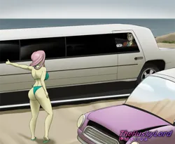 Size: 2566x2104 | Tagged: suggestive, artist:thehuskylord, derpibooru import, discord, fluttershy, dog, husky, equestria girls, beach, beard, car, clothes, facial hair, hitchhiking, image, limousine, png, suit, swimsuit