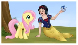 Size: 3205x1871 | Tagged: safe, artist:luciekj, derpibooru import, fluttershy, bird, human, pegasus, pony, 2014, crossover, disney, disney princess, female, image, mare, png, snow white, snow white and the seven dwarfs