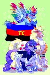 Size: 1400x2100 | Tagged: safe, artist:punkpride, applejack, rainbow dash, rarity, earth pony, pegasus, pony, unicorn, alternate design, appledash, bandana, bisexual pride flag, coat markings, colored hooves, colored wings, female, flying, green background, height difference, hoof fluff, image, jpeg, lesbian, lesbian pride flag, magic, magic aura, mare, mouthpiece, multicolored wings, polyamory, polyamory pride flag, pride, pride flag, rainbow wings, raridash, rarijack, rarijackdash, shipping, simple background, smiling, standing, transgender pride flag, twitterina design, wings