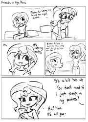 Size: 2250x3130 | Tagged: safe, artist:tjpones, derpibooru import, sci-twi, sunset shimmer, twilight sparkle, human, comic:friends in high places, equestria girls, bed, black and white, comic, dialogue, duo, duo female, female, grayscale, high res, image, mobile phone, monochrome, phone, png, simple background, smartphone, white background