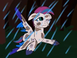 Size: 2400x1800 | Tagged: semi-grimdark, derpibooru import, zipp storm, pegasus, pony, black eye, bruised, derpibooru exclusive, digital art, fanart, female, forest, g5, image, injured, mare, mud, png, rain, scared, tree, wet, wet mane