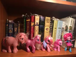Size: 1280x960 | Tagged: safe, derpibooru import, pinkie pie, earth pony, pony, equestria girls, book, bookshelf, bow, clothes, doll, equestria girls minis, female, g1, g3, g3.5, image, jpeg, mare, multeity, one eye closed, photo, skirt, tail, tail bow, toy, wink