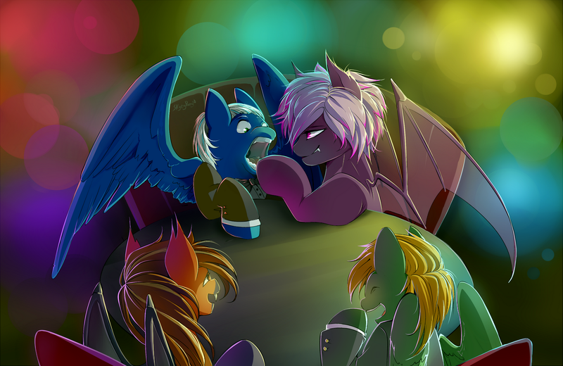 Size: 1400x910 | Tagged: safe, artist:skyeypony, derpibooru import, oc, oc:mark wells, oc:penumbra (goldfur), oc:steady flight, unofficial characters only, bat pony, pegasus, pony, fanfic:off the mark, fanfic art, image, open mouth, png, spread wings, wings