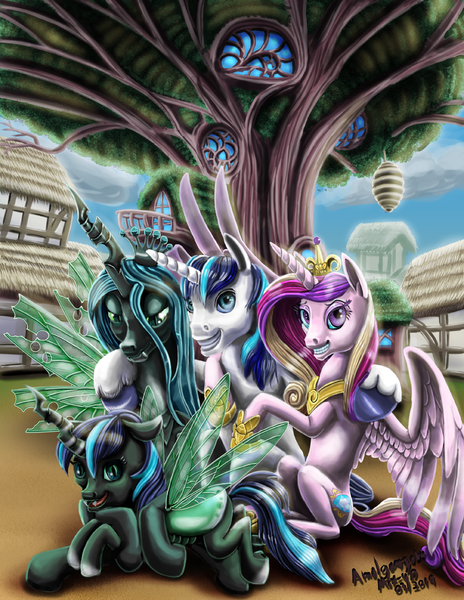 Size: 1200x1553 | Tagged: safe, artist:amalgamzaku, derpibooru import, princess cadance, queen chrysalis, shining armor, alicorn, changeling, changeling queen, pony, unicorn, fanfic:off the mark, female, group photo, image, outdoors, parent:queen chrysalis, parent:shining armor, png