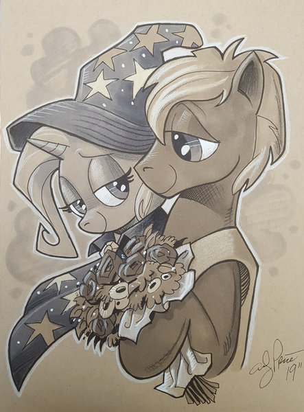 Size: 738x1000 | Tagged: safe, artist:andypriceart, derpibooru import, trixie, oc, oc:mark wells, pony, unicorn, fanfic:off the mark, 2019, bouquet of flowers, cape, clothes, duo, hat, image, png, trixie's cape, trixie's hat