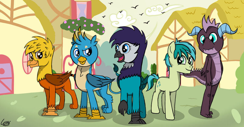 Size: 1280x669 | Tagged: safe, artist:gregory-the-griffon, derpibooru import, gallus, sandbar, oc, oc:garry, oc:geena, bird, dragon, gryphon, pony, dawn, dragon oc, griffon oc, image, jpeg, non-pony oc, ponyville