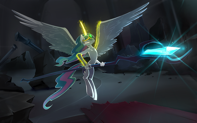 Size: 1200x752 | Tagged: artist needed, safe, derpibooru import, oc, oc:mark wells, alicorn, anthro, fanfic:off the mark, glow, glowing horn, horn, image, not celestia, png, solo, spread wings, staff, staff of sacanas, wings