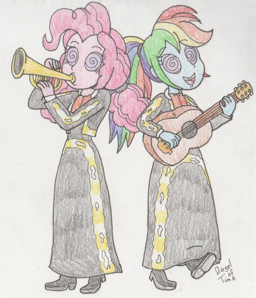 Size: 1204x1400 | Tagged: safe, artist:bageloftime, derpibooru import, pinkie pie, rainbow dash, twilight sparkle, human, equestria girls, clothes, dress, humanized, hypno eyes, hypnosis, hypnotized, image, jpeg, long dress, long skirt, mariachi, skirt