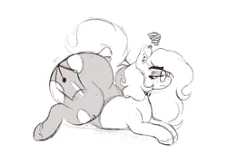 Size: 1257x904 | Tagged: suggestive, artist:somefrigginnerd, derpibooru import, oc, oc:pencil test, unofficial characters only, earth pony, pony, succubus, succubus pony, annoyed, butt, earth pony oc, female, glasses, grayscale, huge butt, image, large butt, lying down, monochrome, png, prone, simple background, solo, stretched cutie mark, thick eyebrows, unshorn fetlocks