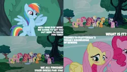 Size: 1280x720 | Tagged: safe, derpibooru import, edit, edited screencap, editor:quoterific, screencap, applejack, fluttershy, pinkie pie, rainbow dash, rarity, twilight sparkle, earth pony, pegasus, pony, unicorn, season 1, suited for success, applejack's hat, blushing, clothes, cowboy hat, dress, female, gala dress, grin, hat, image, jpeg, mane six, mannequin, mare, open mouth, open smile, smiling, spread wings, text, unicorn twilight, wings