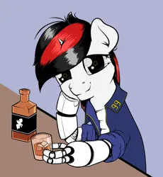 Size: 1880x2044 | Tagged: safe, artist:dacaoo, derpibooru import, oc, oc:blackjack, unicorn, fallout equestria, fallout equestria: project horizons, alcohol, artificial hands, fanfic art, image, png, solo