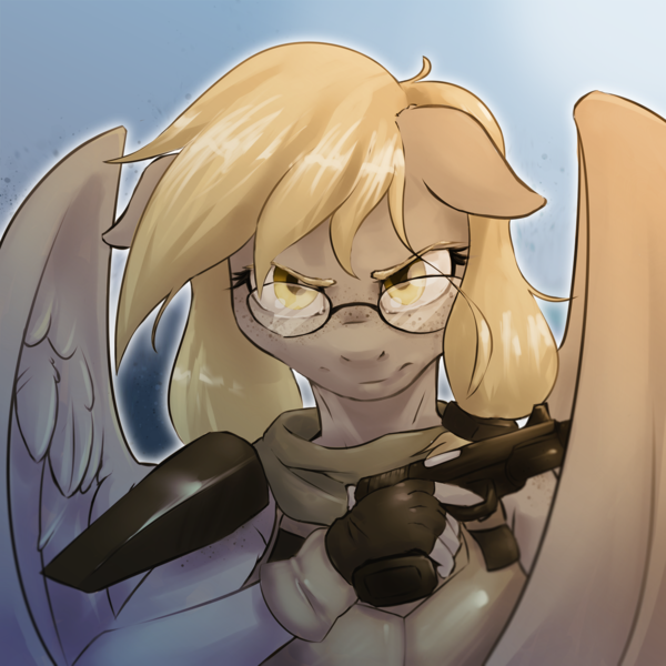 Size: 1500x1500 | Tagged: safe, artist:darksittich, derpibooru import, oc, unofficial characters only, anthro, pegasus, floppy ears, freckles, glasses, gun, handgun, image, pistol, png, solo, weapon