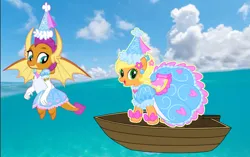 Size: 1280x806 | Tagged: safe, artist:darlycatmake, derpibooru import, applejack, smolder, dragon, earth pony, pony, boat, clothes, cute, dragoness, dress, duo, duo female, female, froufrou glittery lacy outfit, happy, image, jackabetes, jpeg, ocean, princess, princess applejack, princess smolder, smiling, smolderbetes, water