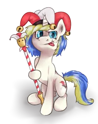 Size: 783x987 | Tagged: safe, artist:darksittich, derpibooru import, oc, unofficial characters only, pony, unicorn, image, jester, png, simple background, solo, staff, tongue out, transparent background