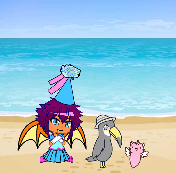 Size: 1151x1134 | Tagged: safe, artist:darlycatmake, derpibooru import, smolder, bird, cat, toucan, :3, amazed, beach, clothes, cute, dress, froufrou glittery lacy outfit, gacha life, gloves, happy, hat, hennin, image, jpeg, long gloves, princess, princess smolder, smiling, smolderbetes, wings