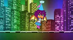 Size: 640x356 | Tagged: safe, artist:darlycatmake, derpibooru import, smolder, dragon, amazed, city, cityscape, clothes, cute, dragon wings, dragoness, dress, female, flying, froufrou glittery lacy outfit, gacha life, happy, hat, hennin, image, jpeg, neon, princess, princess smolder, smolderbetes, wings
