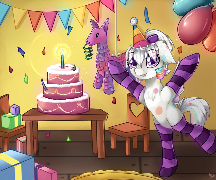 Size: 1280x1067 | Tagged: safe, artist:appleneedle, derpibooru import, oc, oc:confetti cupcake, bat pony, pony, art, balloon, bipedal, birthday, bow, cake, character, clothes, commission, confetti, digital, draw, drawing, fanart, food, image, jpeg, paint, painting, party, present, socks