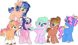 Size: 1707x982 | Tagged: safe, artist:rainbowrocksadopts, derpibooru import, oc, unnamed oc, unofficial characters only, dracony, earth pony, hybrid, pegasus, pony, unicorn, amputee, bandana, bow, bracelet, coat markings, female, freckles, hair bow, image, interspecies offspring, jewelry, mare, offspring, parent:applejack, parent:big macintosh, parent:caramel, parent:flash sentry, parent:fluttershy, parent:pinkie pie, parent:pokey pierce, parent:rainbow dash, parent:rarity, parent:soarin', parent:spike, parent:twilight sparkle, parents:carajack, parents:flashlight, parents:fluttermac, parents:pokeypie, parents:soarindash, parents:sparity, png, prosthetic leg, prosthetic limb, prosthetics, smiling, socks (coat marking), tail, tail bow, tiara, tongue out