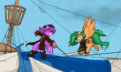 Size: 5000x3000 | Tagged: safe, artist:captainhoers, artist:stormwing, color edit, derpibooru import, edit, oc, oc:atom smasher, oc:high flyer, unofficial characters only, pegasus, pony, clothes, colored, image, longcoat, ocean, pirate, pirate ship, png, ship, swashbuckling, sword, sword fight, water, weapon