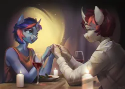 Size: 2048x1469 | Tagged: safe, artist:annna markarova, derpibooru import, oc, anthro, pony, unicorn, alcohol, anthro oc, candle, digital art, image, jpeg, romantic, wine