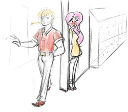 Size: 1152x1008 | Tagged: safe, artist:bythebrink, artist:littlegenius13, derpibooru import, big macintosh, fluttershy, human, blushing, blushing profusely, embarrassed, female, fluttermac, hiding, humanized, image, jpeg, lockers, male, partial color, shipping, sketch, straight, straw in mouth