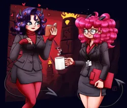 Size: 1280x1091 | Tagged: safe, artist:king-kakapo, derpibooru import, pinkie pie, rarity, human, book, breasts, busty pinkie pie, busty rarity, clipboard, clothes, coffee, coffee mug, commission, crossover, dress, duo, duo female, female, glasses, helltaker, horns, humanized, image, jpeg, modeus (helltaker), mug, pandemonica (helltaker), side slit, tail