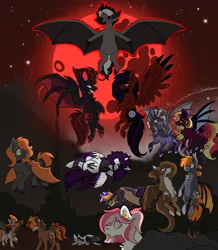 Size: 2994x3438 | Tagged: safe, artist:maplefr0st, derpibooru import, oc, bat pony, undead, vampire, vampony, artfight, complex background, image, lunar, moon, multiple characters, png, red, shading