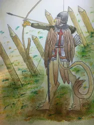 Size: 3024x4032 | Tagged: safe, artist:schwarz, derpibooru import, oc, oc:zahnrad, gryphon, age of empires, archer, archery, armor, british, image, jpeg, long bow, sword, traditional art, watercolor painting, weapon