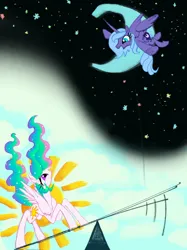 Size: 2624x3500 | Tagged: safe, artist:ja0822ck, derpibooru import, princess celestia, princess luna, alicorn, pony, duo, image, moon, png, s1 luna, seesaw, sun