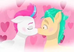 Size: 3092x2160 | Tagged: safe, artist:malarkey, artist:qncle, derpibooru import, edit, hitch trailblazer, zipp storm, earth pony, pegasus, pony, blushing, eyes closed, female, g5, hitchzipp, image, inspired by another artist, kissing, male, png, shipping, straight