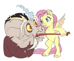 Size: 800x661 | Tagged: safe, artist:gor1ck, derpibooru import, discord, fluttershy, draconequus, pegasus, pony, badass, bipedal, cross-popping veins, duo, female, flower, flower in hair, flutterbadass, fluttershy is not amused, image, male, mare, png, pulling, simple background, tongue out, unamused, white background