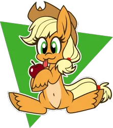 Size: 3257x3665 | Tagged: safe, artist:tridashie, derpibooru import, applejack, earth pony, pony, apple, belly button, eye clipping through hair, female, food, full body, hoof hold, image, mare, pale belly, png, simple background, solo, transparent background, unshorn fetlocks