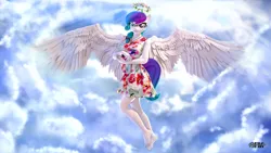 Size: 1920x1080 | Tagged: safe, artist:anthroponiessfm, derpibooru import, oc, oc:aurora starling, anthro, pegasus, plantigrade anthro, 3d, angelic wings, anthro oc, barefoot, clothes, cloud, cute, dress, feet, female, floral head wreath, flower, flying, glasses, image, jewelry, looking at you, pendant, png, sky, smiling, source filmmaker, wings