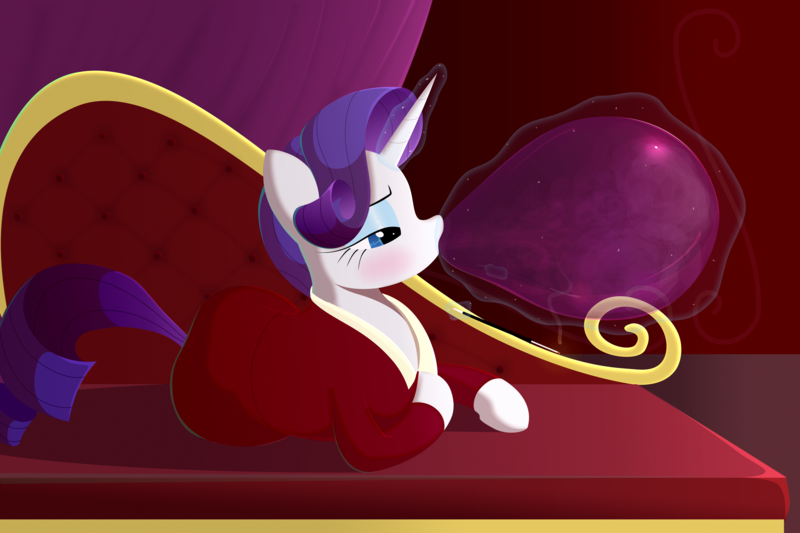 Size: 8000x5333 | Tagged: safe, artist:mizhisha, derpibooru import, rarity, pony, unicorn, balloon, blowing up balloons, cigarette, cigarette holder, clothes, couch, curtains, female, glow, glowing horn, horn, image, inflating, lineless, magic, mare, png, robe, smoking, solo, telekinesis