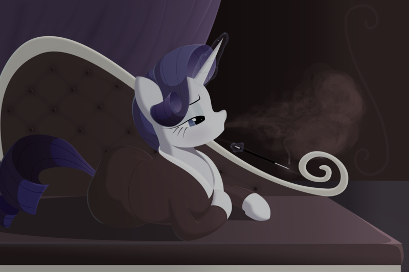 Size: 8000x5333 | Tagged: safe, alternate version, artist:mizhisha, derpibooru import, rarity, pony, blowing smoke, cigarette, cigarette holder, clothes, couch, curtains, female, image, lineless, magic, mare, noir, png, solo