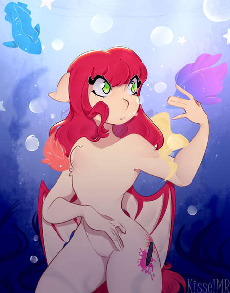 Size: 1632x2074 | Tagged: safe, artist:kisselmr, derpibooru import, oc, oc:airi, unofficial characters only, anthro, bat pony, fish, commission, image, ocean, png, seaweed, solo, water