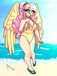 Size: 1800x2400 | Tagged: safe, artist:ashes-arts, artist:mylittleyuri, derpibooru import, fluttershy, human, alternate hairstyle, beach, blushing, breasts, choker, clothes, cute, elf ears, feet, female, humanized, image, ocean, one-piece swimsuit, png, sand, sandals, shyabetes, solo, swimsuit, water, winged humanization, wings