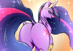 Size: 3044x2160 | Tagged: suggestive, artist:draft the filmmaker, derpibooru import, twilight sparkle, twilight sparkle (alicorn), alicorn, pony, bedroom eyes, butt, crown, featureless crotch, female, high res, hoof shoes, image, jewelry, looking at you, looking back, looking back at you, mare, open mouth, open smile, plot, png, raised hoof, rear view, regalia, seductive look, signature, smiling, smiling at you, solo, solo female, twibutt