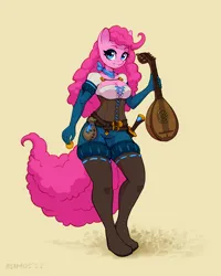 Size: 1600x2000 | Tagged: safe, artist:asimos, derpibooru import, part of a set, pinkie pie, anthro, earth pony, bard, bard pie, breasts, cleavage, clothes, corset, fantasy class, female, gold, gold coins, gradient background, image, lute, melee weapon, musical instrument, png, shorts, solo, sword, weapon