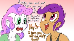 Size: 1940x1080 | Tagged: suggestive, artist:happy harvey, derpibooru import, scootaloo, sweetie belle, equestria girls, angry, blouse, blushing, clothes, dialogue, drawn on phone, female, flirting, happy, image, long hair, looking up, open mouth, png, propositioning, semi-transparent, short hair, simple background, smiling, tanktop, transparent background, uvula, yelling