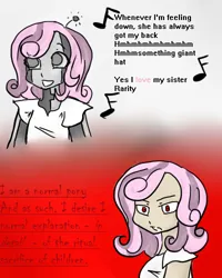 Size: 400x500 | Tagged: safe, artist:thespoonismightier, derpibooru import, sweetie belle, human, robot, friendship is witchcraft, mentally advanced series, angry, antenna, clothes, dialogue, female, frown, humanized, image, music notes, png, red eyes, self paradox, self ponidox, shirt, singing, smiling, sweetie bot, text, thrackerzod