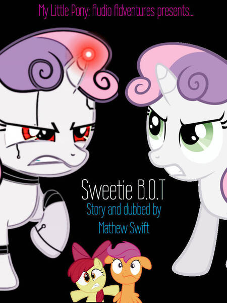 Size: 774x1033 | Tagged: safe, artist:mathew-swift-va, derpibooru import, apple bloom, scootaloo, sweetie belle, earth pony, pegasus, pony, robot, robot pony, unicorn, angry, apple bloom's bow, black background, bow, cutie mark crusaders, female, filly, floppy ears, foal, gritted teeth, hair bow, horn, image, jpeg, magic, mismatched eyes, poster, raised hoof, scared, shrunken pupils, simple background, sweetie bot, teeth, text, wings