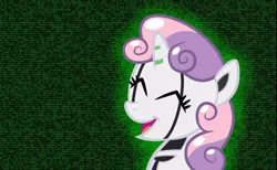 Size: 1540x951 | Tagged: safe, artist:java--jive, derpibooru import, sweetie belle, pony, robot, robot pony, unicorn, binary, eyes closed, female, filly, foal, horn, image, numbers, png, smiling, sweetie bot, wallpaper