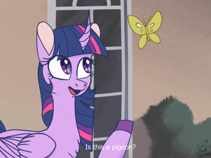 Size: 1280x960 | Tagged: safe, artist:cyan7cloud, derpibooru import, twilight sparkle, twilight sparkle (alicorn), alicorn, butterfly, insect, pony, colored hooves, curved horn, dialogue, female, folded wings, horn, image, is this a pigeon, looking at something, looking up, mare, meme, open mouth, outdoors, png, pointing, ponified meme, raised hoof, solo, subtitles, three quarter view, wings