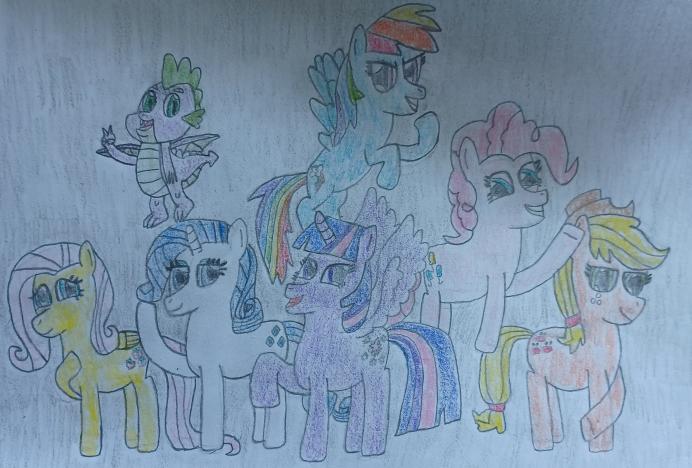 Size: 692x468 | Tagged: safe, artist:mr.myoozik, derpibooru import, applejack, fluttershy, pinkie pie, rainbow dash, rarity, spike, twilight sparkle, alicorn, dragon, earth pony, pegasus, pony, unicorn, blue eyes, blue hair, blue skin, curly hair, curly tail, cutie mark, derpibooru exclusive, dragon wings, eyelashes, female, flying, folded wings, green eyes, grin, group, hair tie, hat, horn, image, jpeg, looking at you, male, mane seven, mane six, mare, multicolored hair, orange skin, peace sign, pink hair, pink skin, pose, pronking, purple eyes, purple hair, purple skin, raised hoof, red eyes, scales, skunk stripe, smiling, spread wings, tail, traditional art, white skin, wings, yellow hair, yellow skin, ✌️