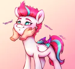 Size: 2294x2106 | Tagged: safe, alternate version, artist:buttersprinkle, derpibooru import, part of a set, zipp storm, pegasus, my little pony: a new generation, adorazipp, alternate character, blushing, cute, female, g5, gradient background, hand, image, offscreen character, offscreen human, png, squeezing, squishy, squishy cheeks