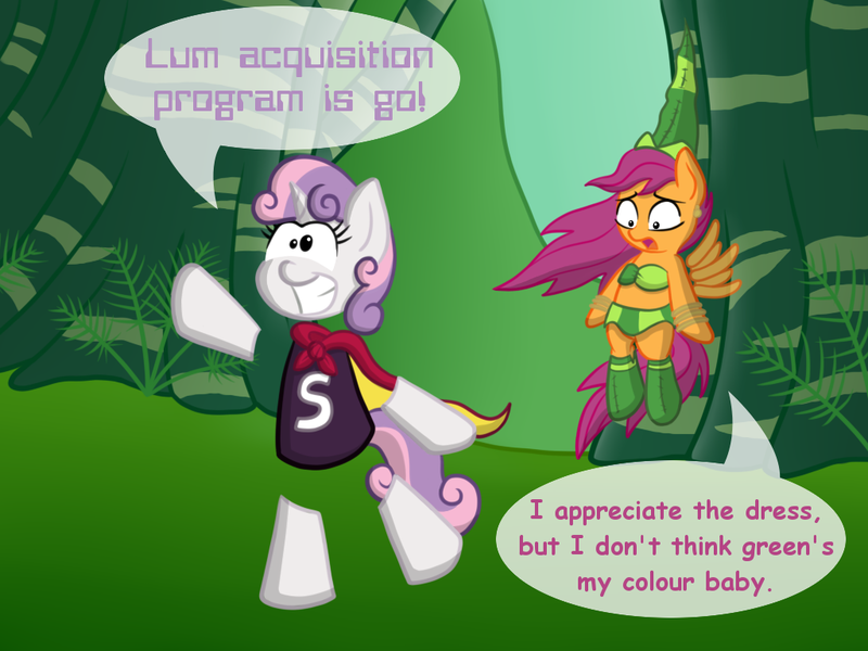 Size: 1024x768 | Tagged: safe, artist:scramjet747, derpibooru import, scootaloo, sweetie belle, pegasus, pony, robot, unicorn, bangles, betilla, bikini, bikini top, bipedal, cape, clothes, confused, crossover, dialogue, ear piercing, earring, female, filly, flying, foal, hat, horn, image, jewelry, kneesocks, piercing, png, rayman, rayman origins, shirt, skirt, smiling, socks, speech bubble, spread wings, sweetie bot, sweetie bot replies, swimsuit, text, wings