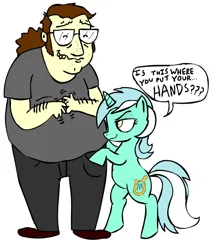Size: 900x1057 | Tagged: safe, artist:corwin, derpibooru import, lyra heartstrings, human, pony, unicorn, bipedal, brony stereotype, clothes, female, hand, image, jpeg, male, mare, that pony sure does love hands