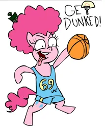 Size: 930x1128 | Tagged: safe, artist:corwin, derpibooru import, pinkie pie, earth pony, pony, basketball, bipedal, female, image, png, simple background, sports, tongue out, white background