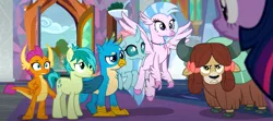 Size: 943x418 | Tagged: safe, derpibooru import, screencap, gallus, ocellus, sandbar, silverstream, smolder, twilight sparkle, twilight sparkle (alicorn), yona, alicorn, changedling, changeling, classical hippogriff, dragon, earth pony, gryphon, hippogriff, pony, yak, uprooted, bow, cloven hooves, colored hooves, cropped, hair bow, image, jewelry, monkey swings, necklace, png, student six